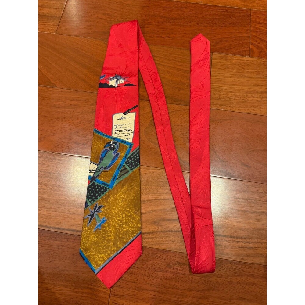 Ermenegildo Zegna Silk Tie Parrot Art Red Writing Men's Neckwear | 3.75"W x 56"L